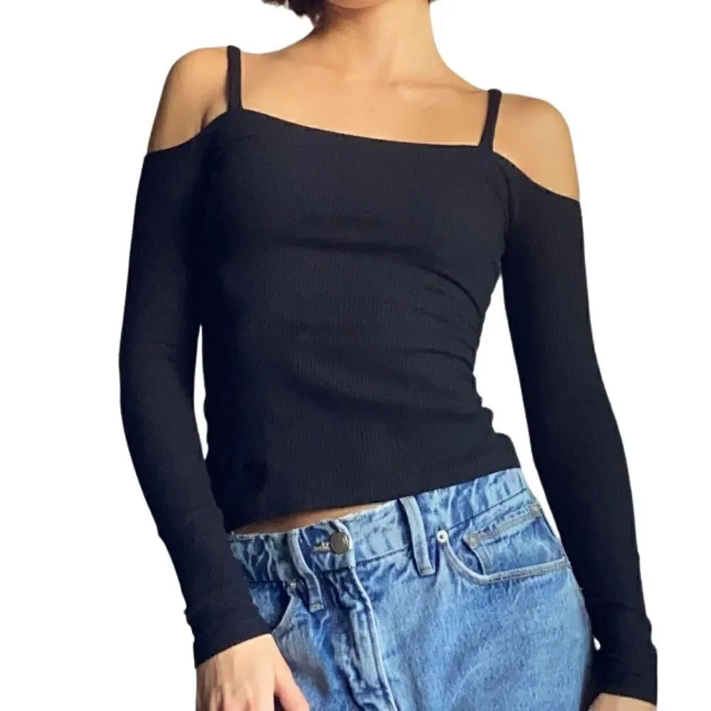 Reformation Black Crop Top Stretch Ribbed Size S